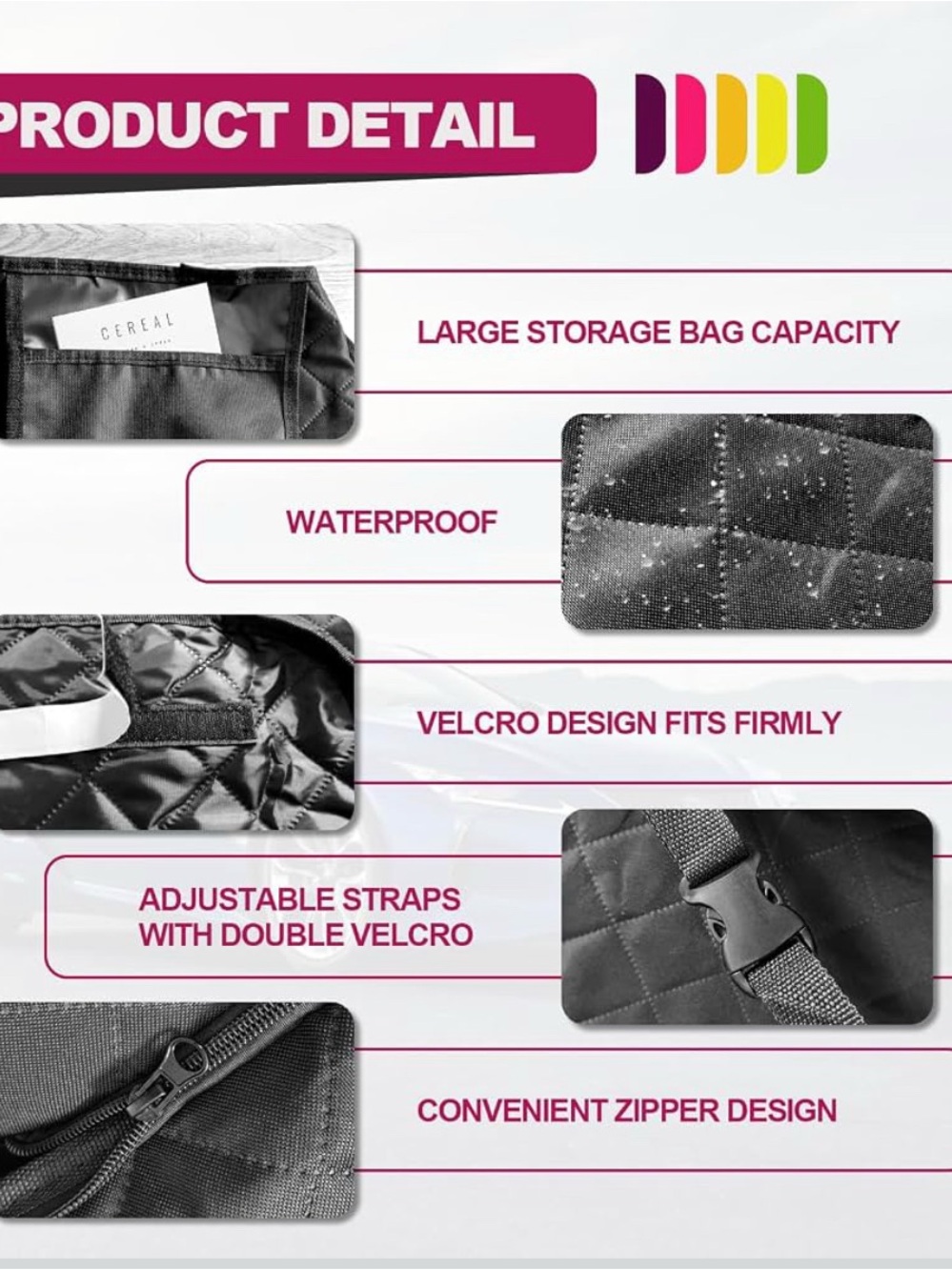 Quilted Waterproof Car Pet Seat Cover with Storage Pocket - Black - Picture 3 of 7